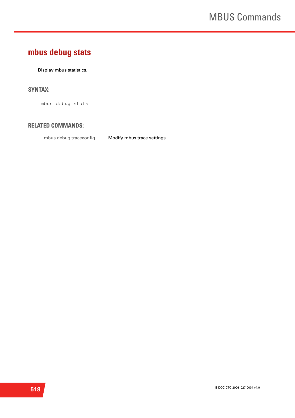 Mbus debug stats, Display mbus statistics, Mbus commands | Technicolor - Thomson ST585 V6 User Manual | Page 542 / 834