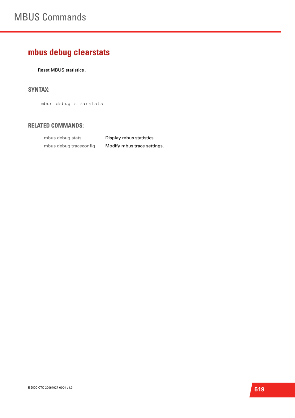 Mbus debug clearstats, Reset mbus statistics, Mbus commands | Technicolor - Thomson ST585 V6 User Manual | Page 543 / 834