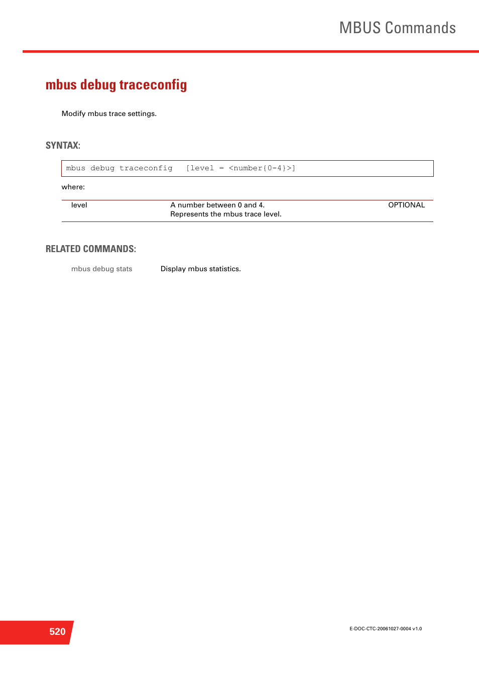 Mbus debug traceconfig, Modify mbus trace settings, Mbus commands | Technicolor - Thomson ST585 V6 User Manual | Page 544 / 834