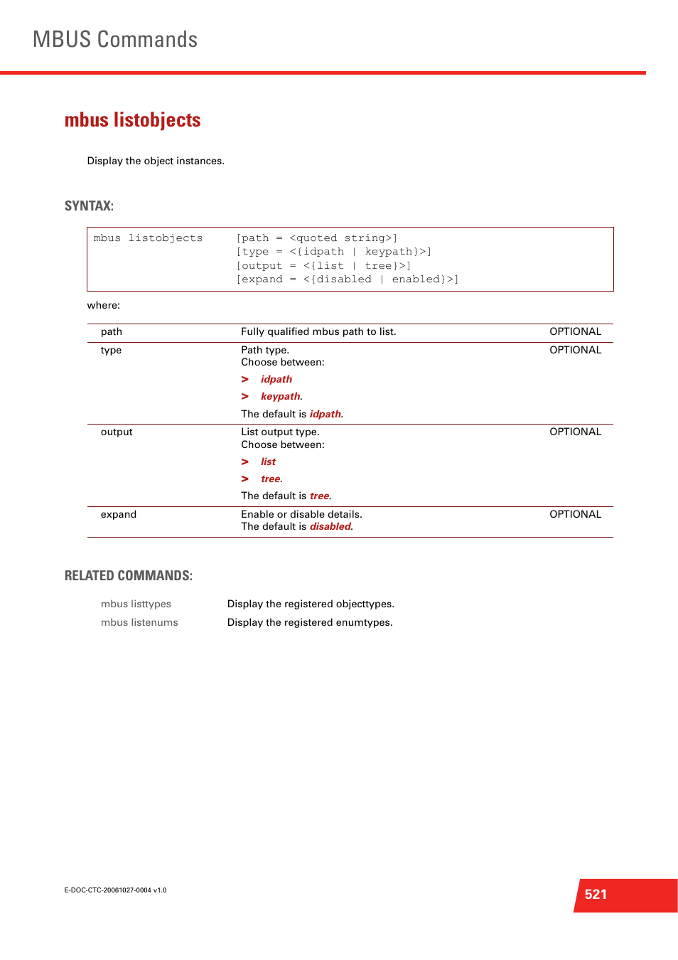 Mbus listobjects, Mbus commands, Syntax | Related commands | Technicolor - Thomson ST585 V6 User Manual | Page 545 / 834