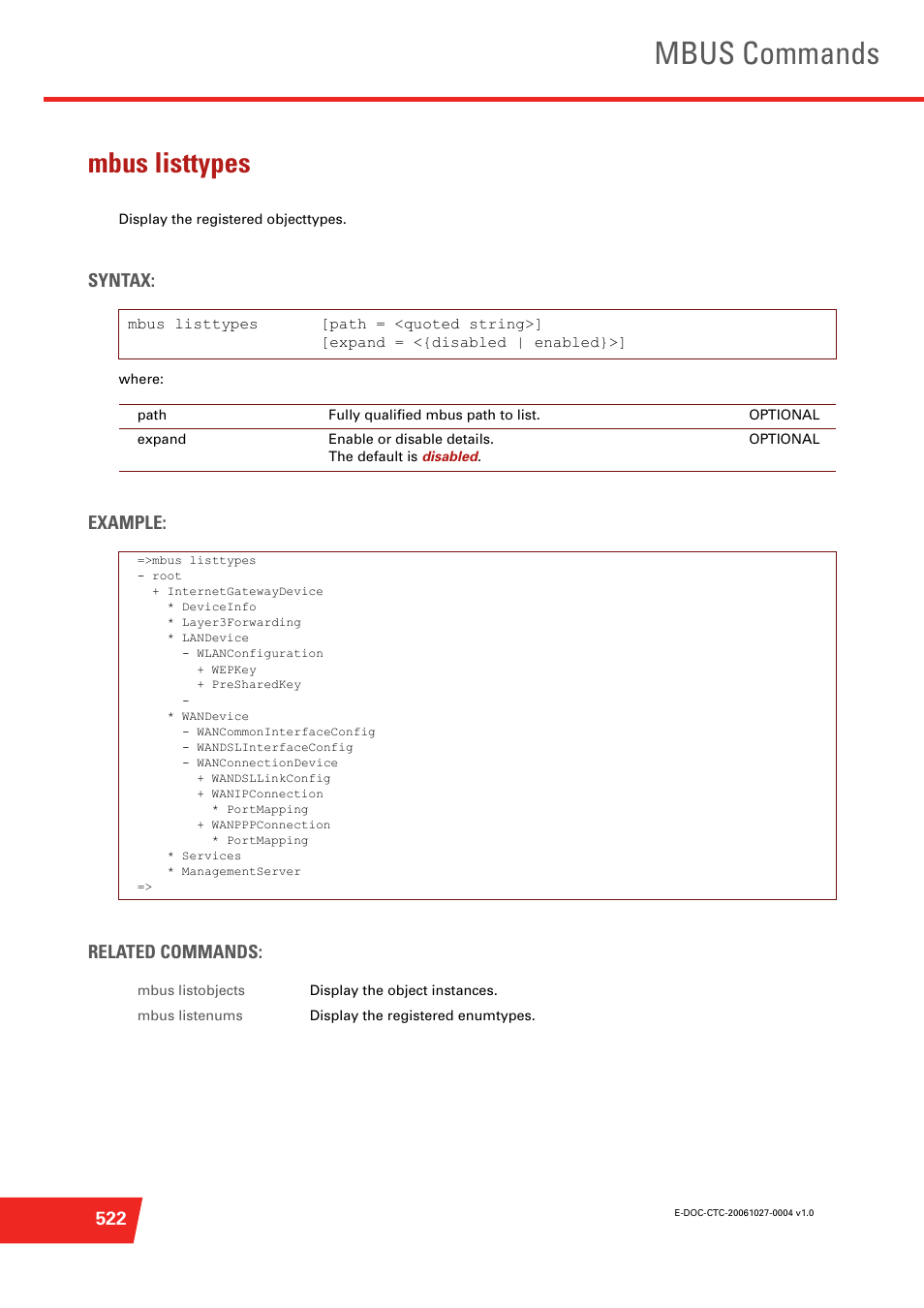 Mbus listtypes, Display the registered objecttypes, Mbus commands | Syntax, Example: related commands | Technicolor - Thomson ST585 V6 User Manual | Page 546 / 834