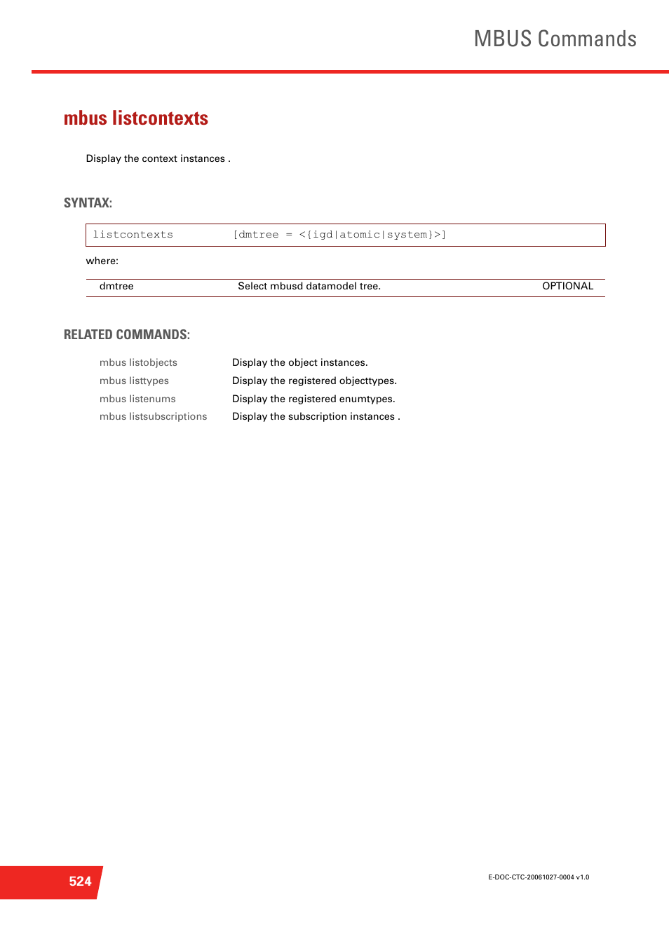 Mbus listcontexts, Display the context instances, Mbus commands | Technicolor - Thomson ST585 V6 User Manual | Page 548 / 834