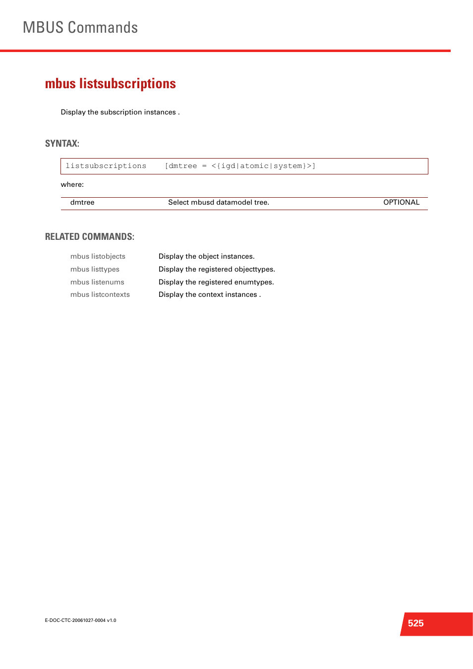 Mbus listsubscriptions, Display the subscription instances, Mbus commands | Technicolor - Thomson ST585 V6 User Manual | Page 549 / 834