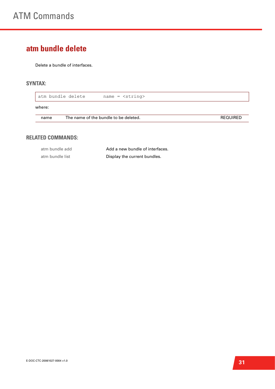 Atm bundle delete, Delete a bundle of interfaces, Atm commands | Technicolor - Thomson ST585 V6 User Manual | Page 55 / 834