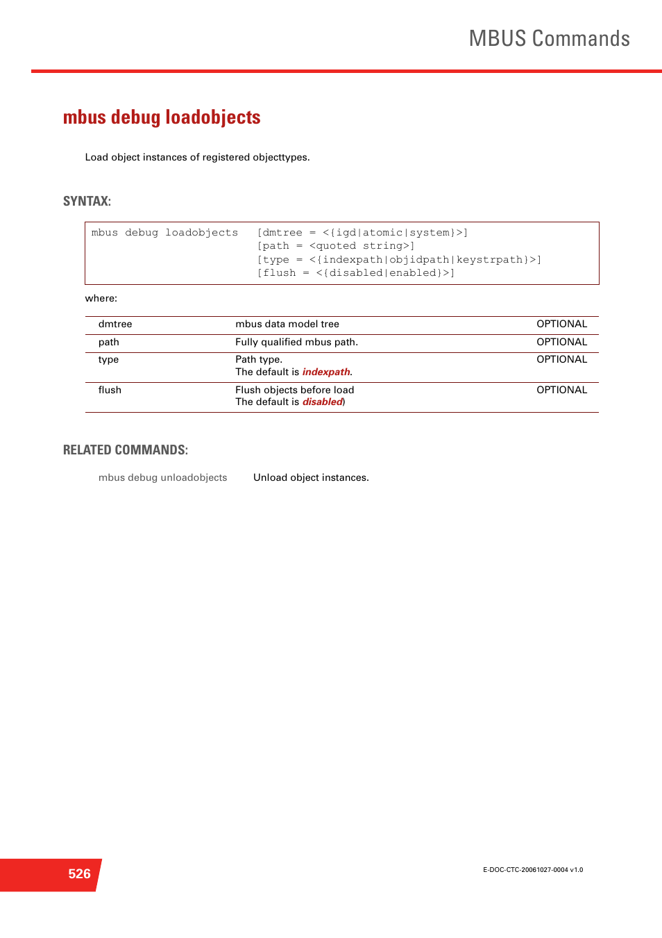 Mbus debug loadobjects, Load object instances of registered objecttypes, Mbus commands | Technicolor - Thomson ST585 V6 User Manual | Page 550 / 834