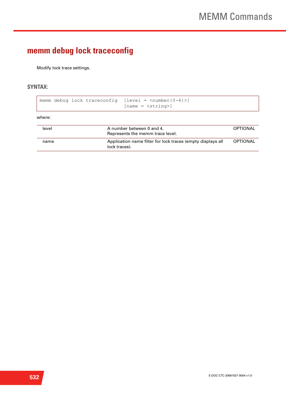 Memm debug lock traceconfig, Modify lock trace settings, Memm commands | Technicolor - Thomson ST585 V6 User Manual | Page 556 / 834