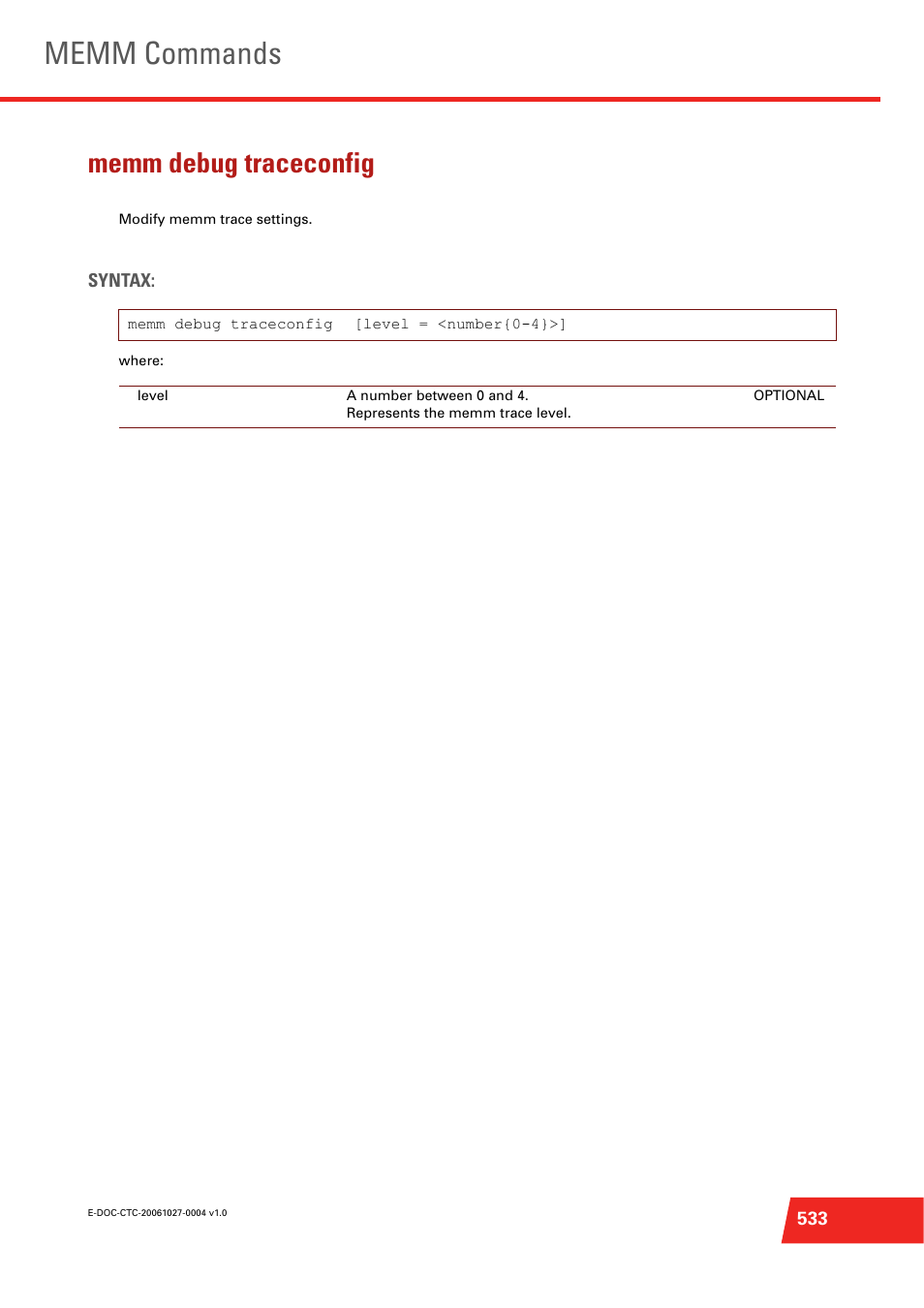 Memm debug traceconfig, Modify memm trace settings, Memm commands | Technicolor - Thomson ST585 V6 User Manual | Page 557 / 834