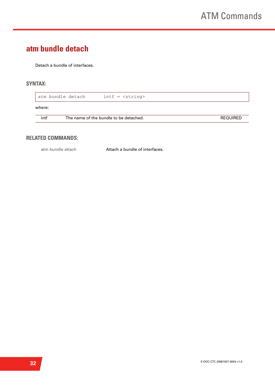 Atm bundle detach, Detach a bundle of interfaces, Atm commands | Technicolor - Thomson ST585 V6 User Manual | Page 56 / 834