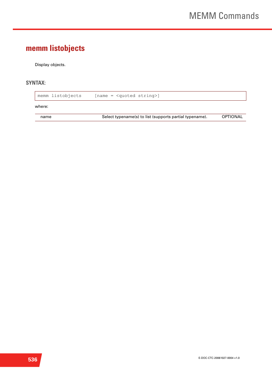 Memm listobjects, Display objects, Memm commands | Technicolor - Thomson ST585 V6 User Manual | Page 560 / 834