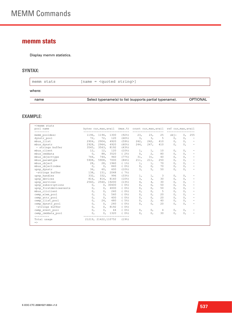 Memm stats, Display memm statistics, Memm commands | Syntax, Example, Memm stats [name = <quoted string | Technicolor - Thomson ST585 V6 User Manual | Page 561 / 834