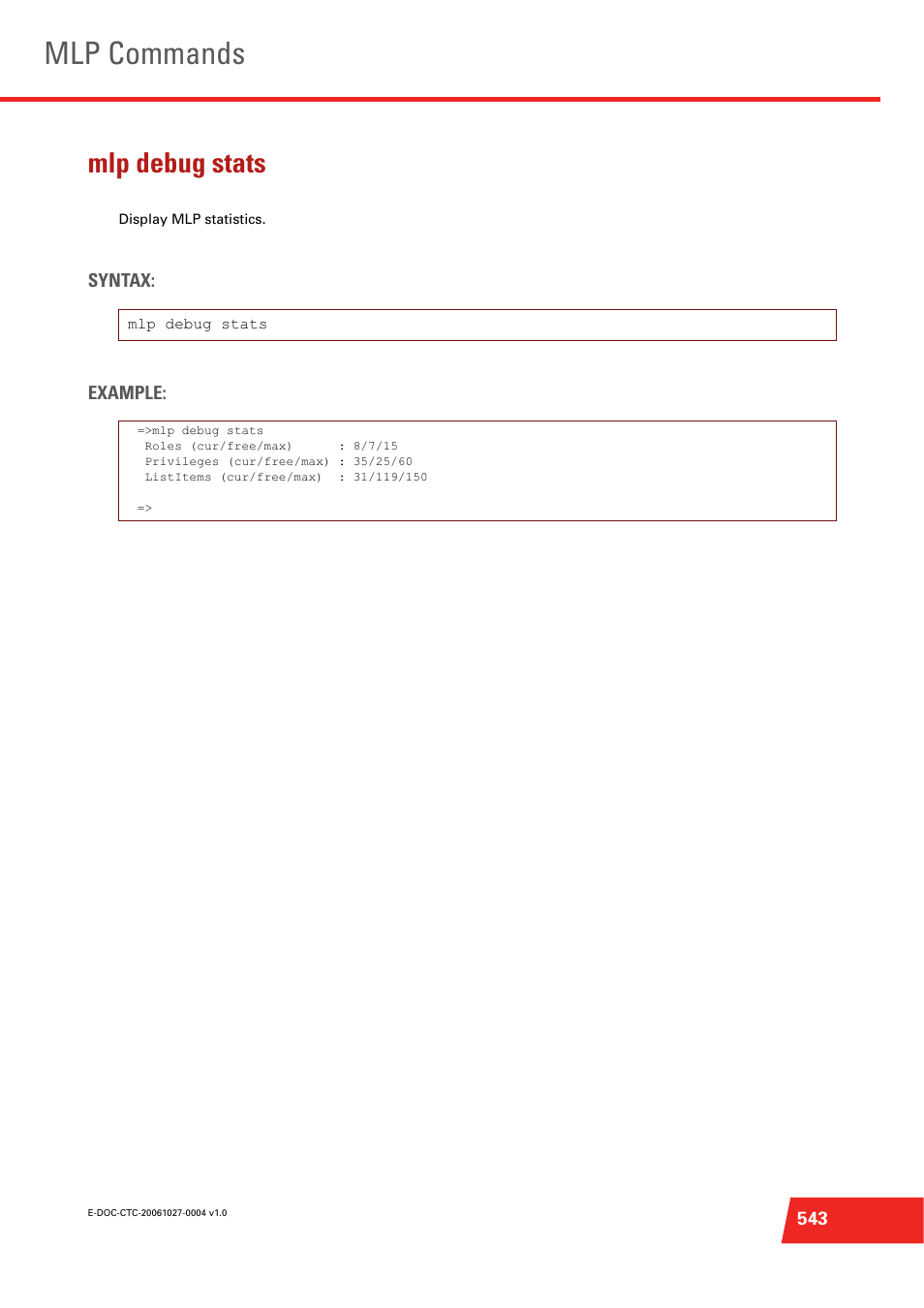 Mlp debug stats, Display mlp statistics, Mlp commands | Technicolor - Thomson ST585 V6 User Manual | Page 567 / 834