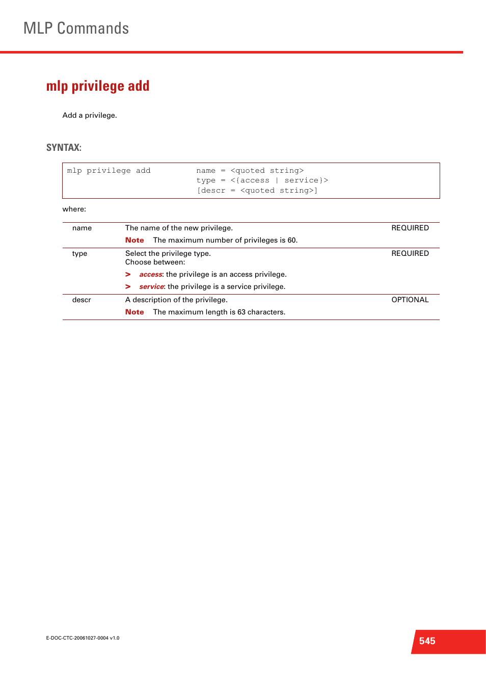 Mlp privilege add, Mlp commands | Technicolor - Thomson ST585 V6 User Manual | Page 569 / 834