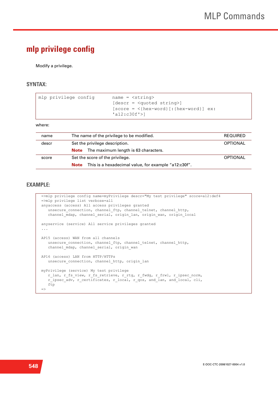 Mlp privilege config, Modify a privilege, Mlp commands | Syntax, Example | Technicolor - Thomson ST585 V6 User Manual | Page 572 / 834