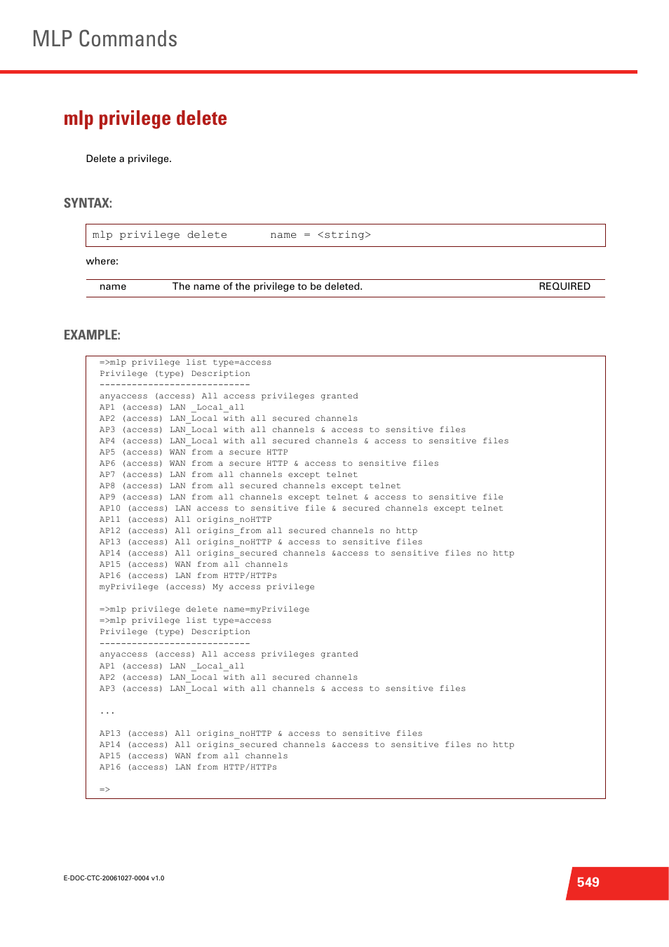 Mlp privilege delete, Delete a privilege, Mlp commands | Technicolor - Thomson ST585 V6 User Manual | Page 573 / 834