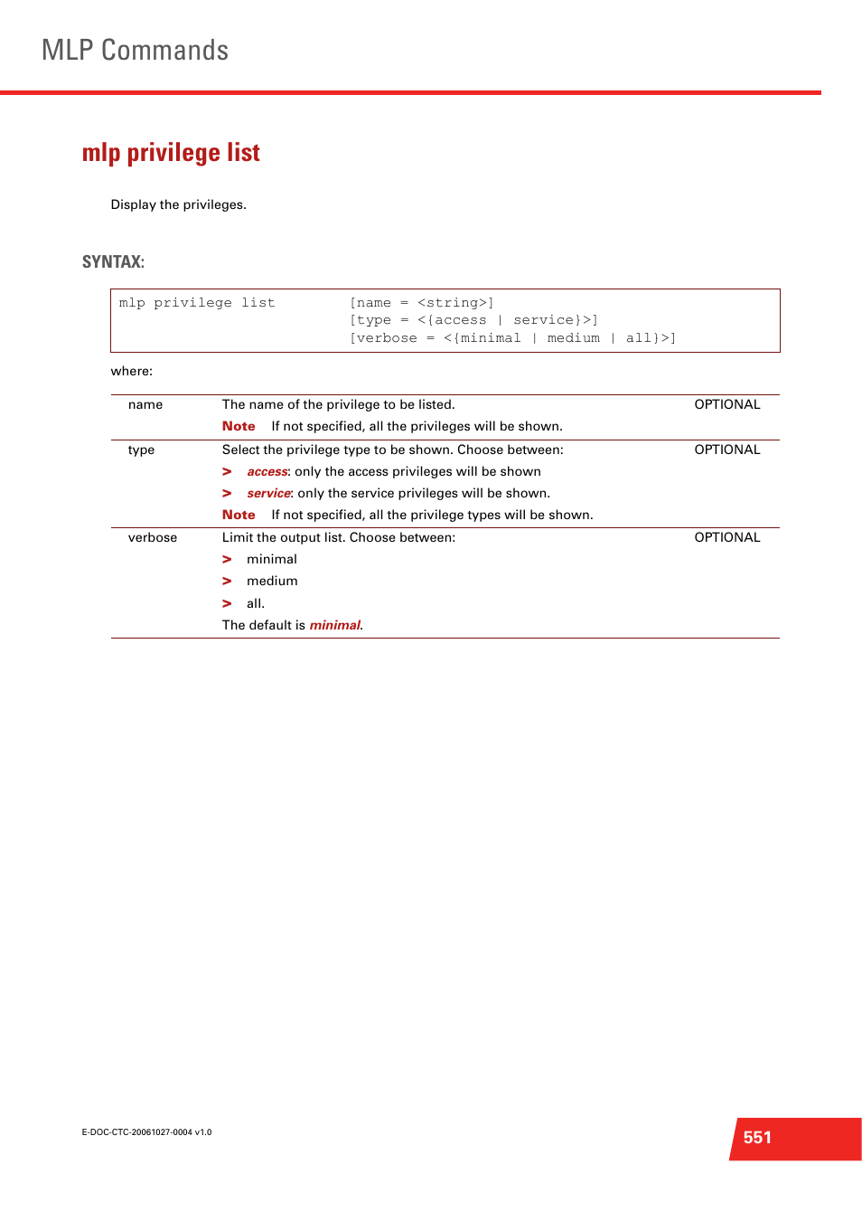 Mlp privilege list, Display the privileges, Mlp commands | Technicolor - Thomson ST585 V6 User Manual | Page 575 / 834