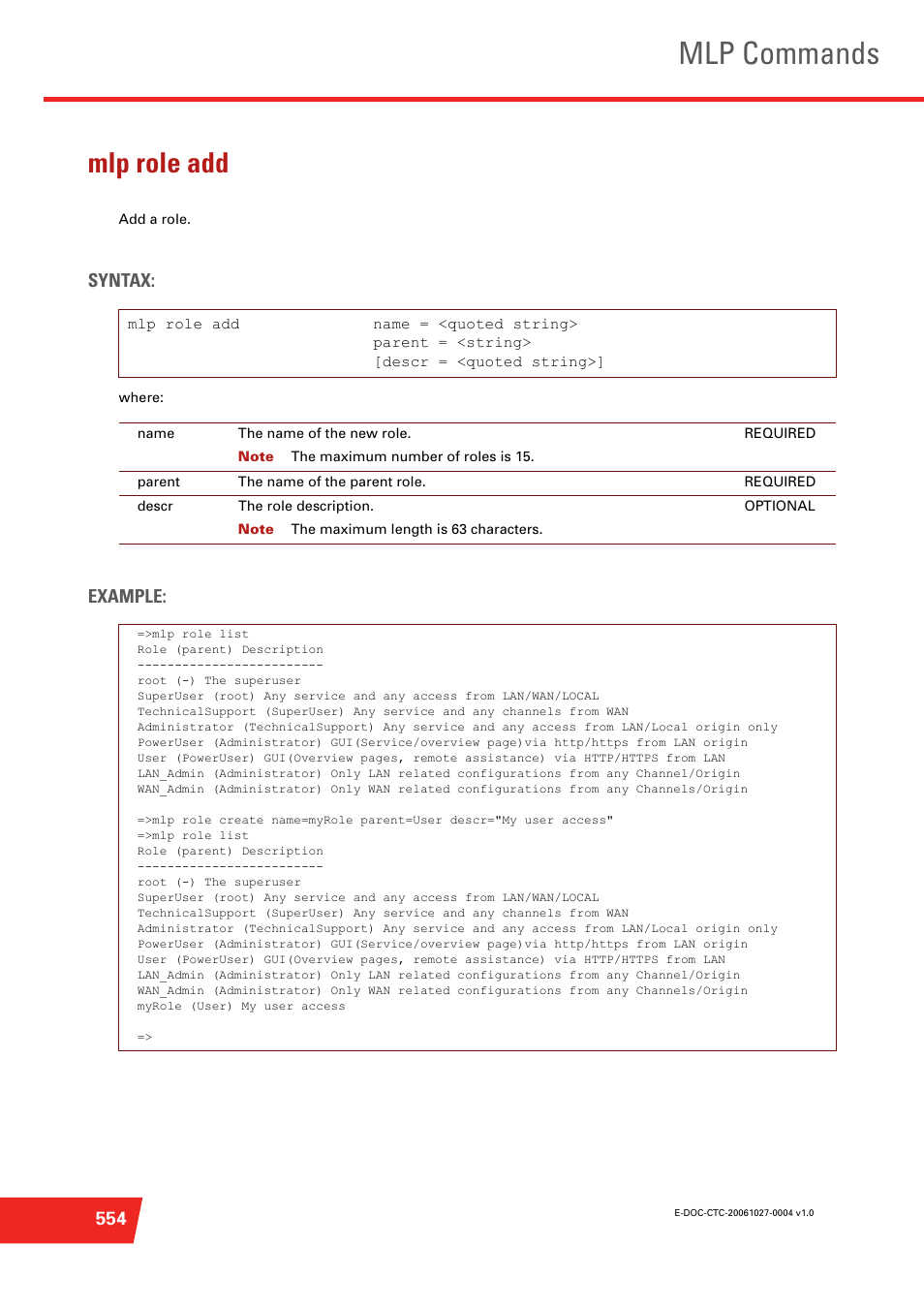 Mlp role add, Mlp commands, Syntax | Example | Technicolor - Thomson ST585 V6 User Manual | Page 578 / 834