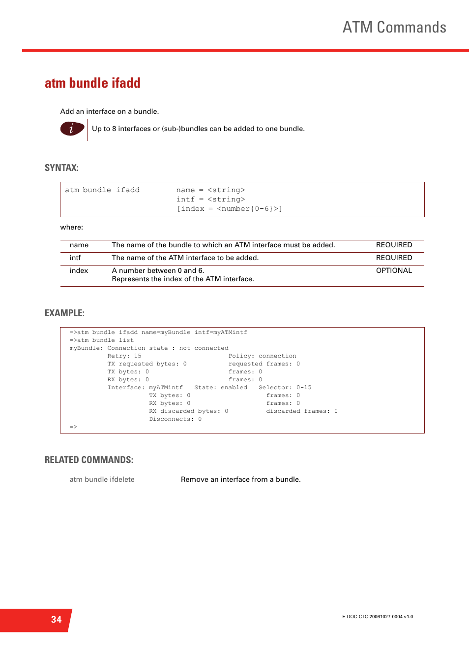 Atm bundle ifadd, Add an interface on a bundle, Atm commands | Syntax, Example: related commands | Technicolor - Thomson ST585 V6 User Manual | Page 58 / 834