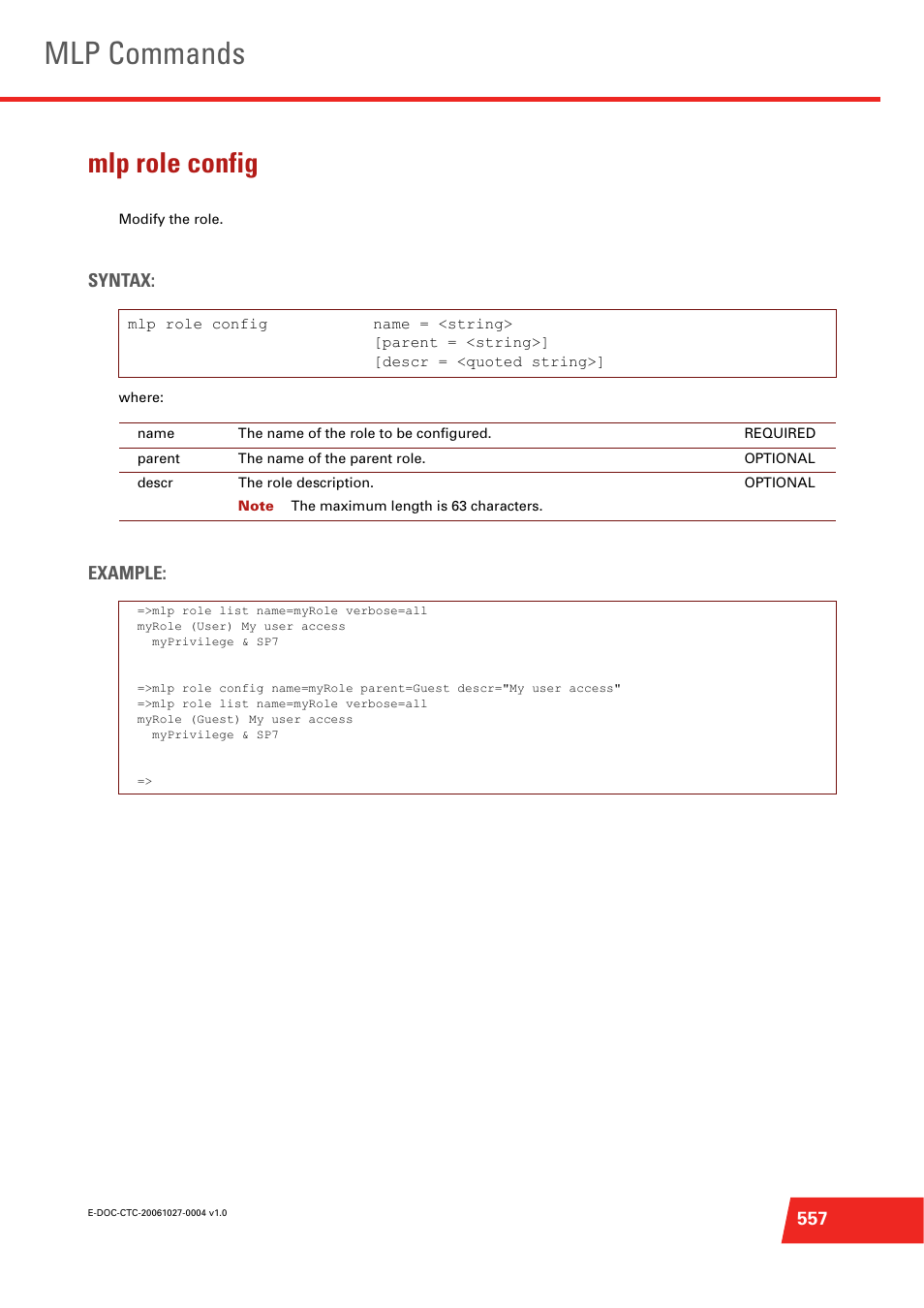 Mlp role config, Modify the role, Mlp commands | Syntax, Example | Technicolor - Thomson ST585 V6 User Manual | Page 581 / 834