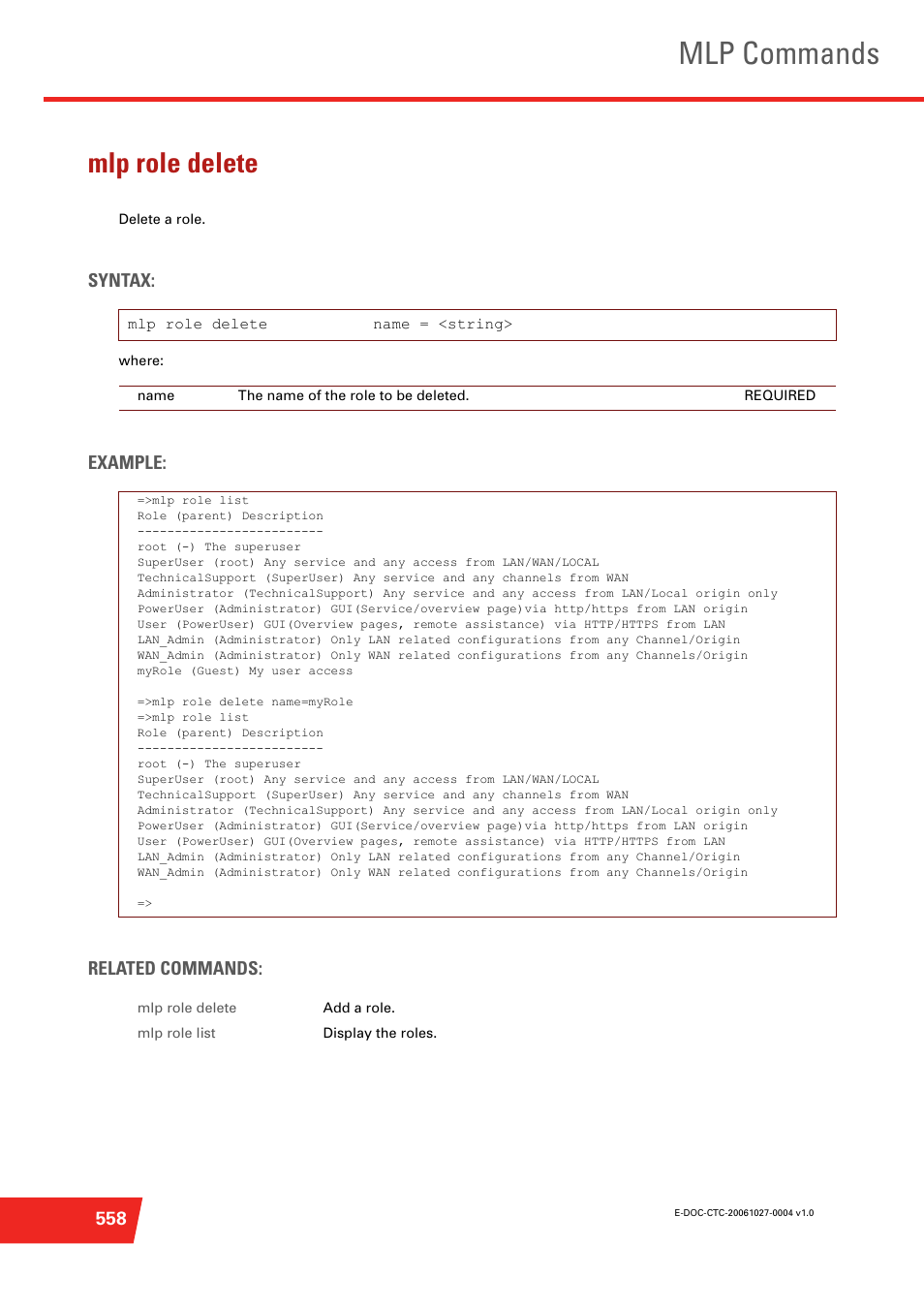 Mlp role delete, Delete a role, Mlp commands | Technicolor - Thomson ST585 V6 User Manual | Page 582 / 834