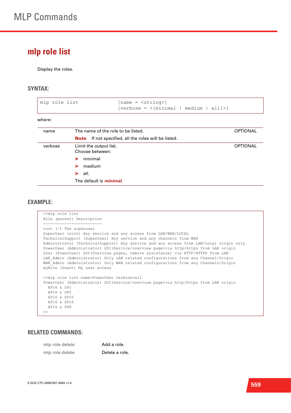 Mlp role list, Display the roles, Mlp commands | Technicolor - Thomson ST585 V6 User Manual | Page 583 / 834