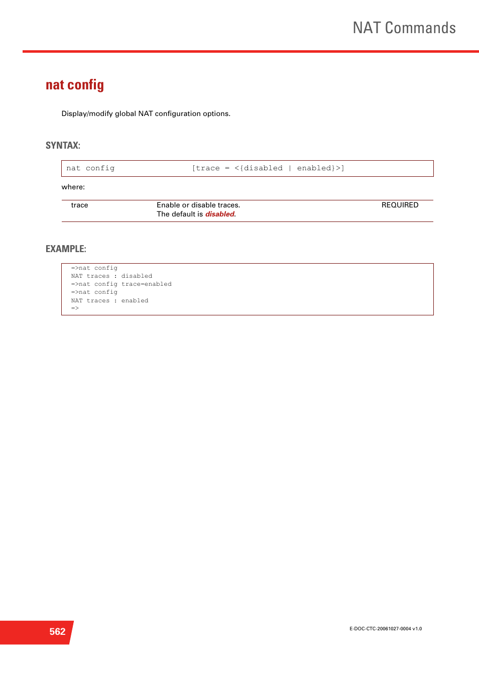 Nat config, Display/modify global nat configuration options, Nat commands | Technicolor - Thomson ST585 V6 User Manual | Page 586 / 834