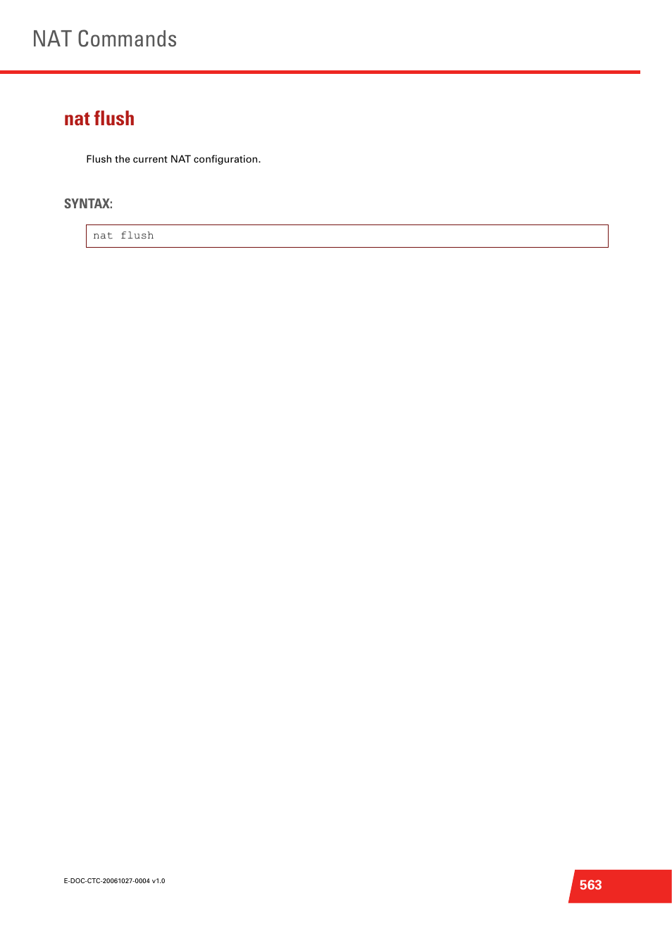 Nat flush, Flush the current nat configuration, Nat commands | Technicolor - Thomson ST585 V6 User Manual | Page 587 / 834