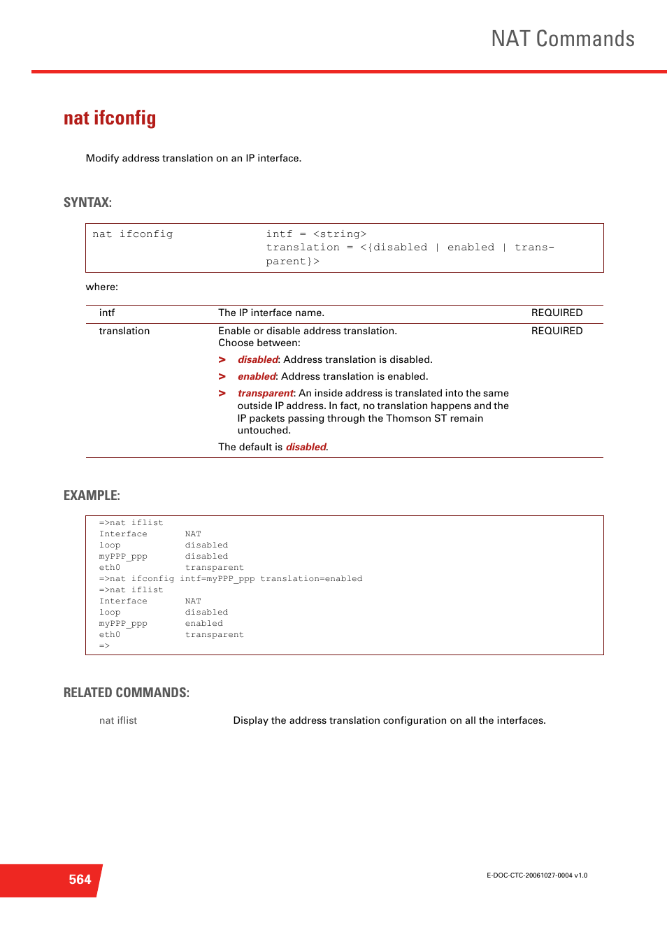 Nat ifconfig, Modify address translation on an ip interface, Nat commands | Syntax, Example: related commands | Technicolor - Thomson ST585 V6 User Manual | Page 588 / 834