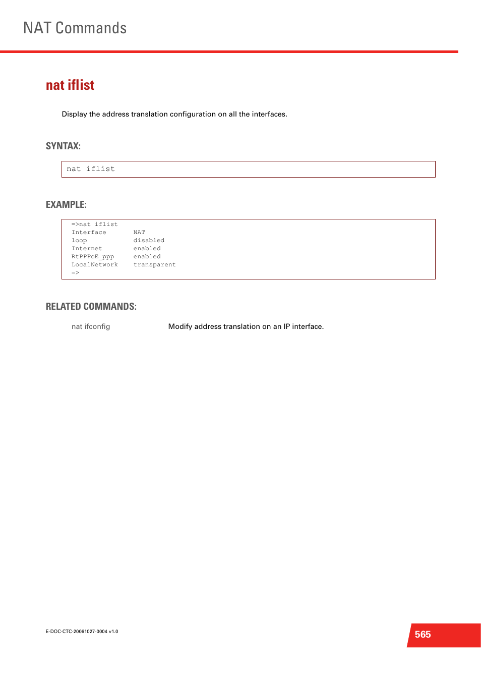 Nat iflist, Nat commands, Syntax: example: related commands | Technicolor - Thomson ST585 V6 User Manual | Page 589 / 834