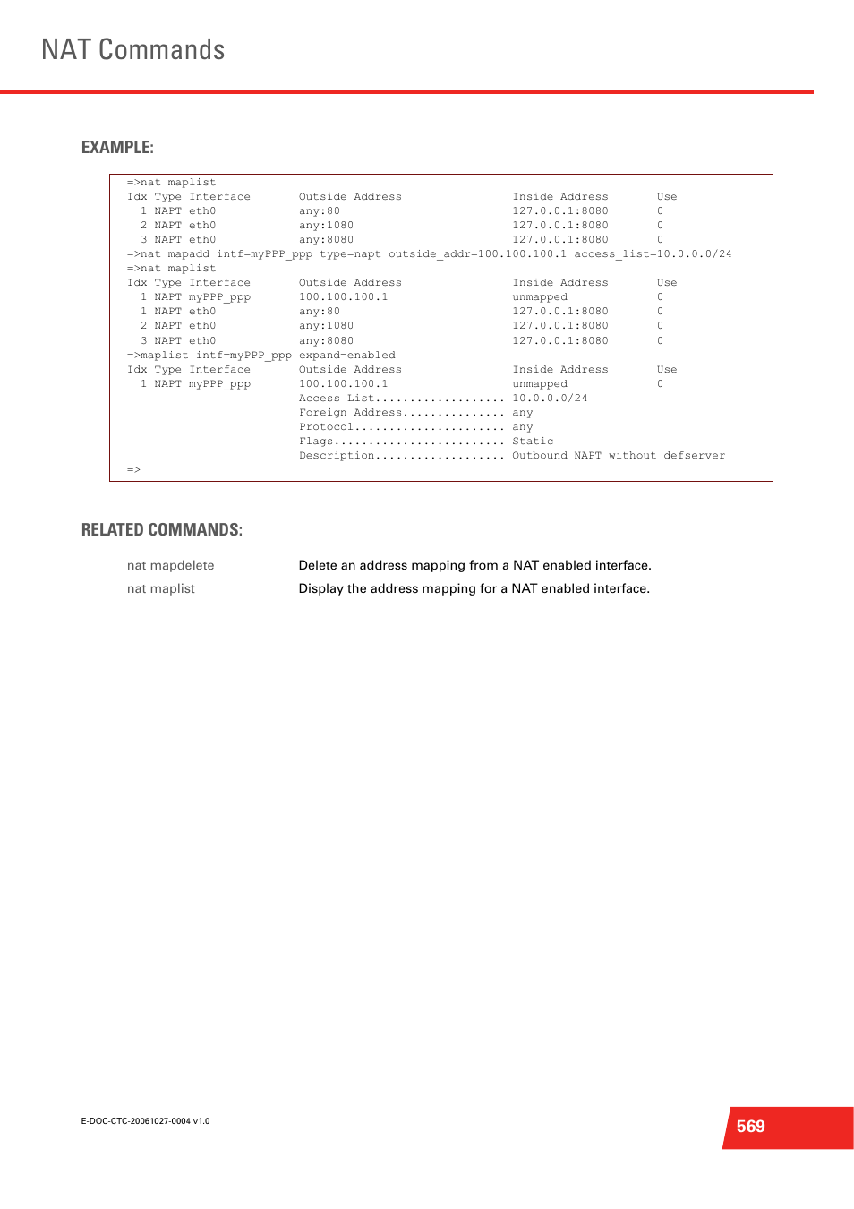 Nat commands, 569 example: related commands | Technicolor - Thomson ST585 V6 User Manual | Page 593 / 834