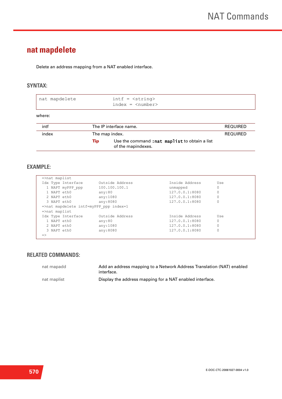 Nat mapdelete, Nat commands, Syntax | Example: related commands | Technicolor - Thomson ST585 V6 User Manual | Page 594 / 834