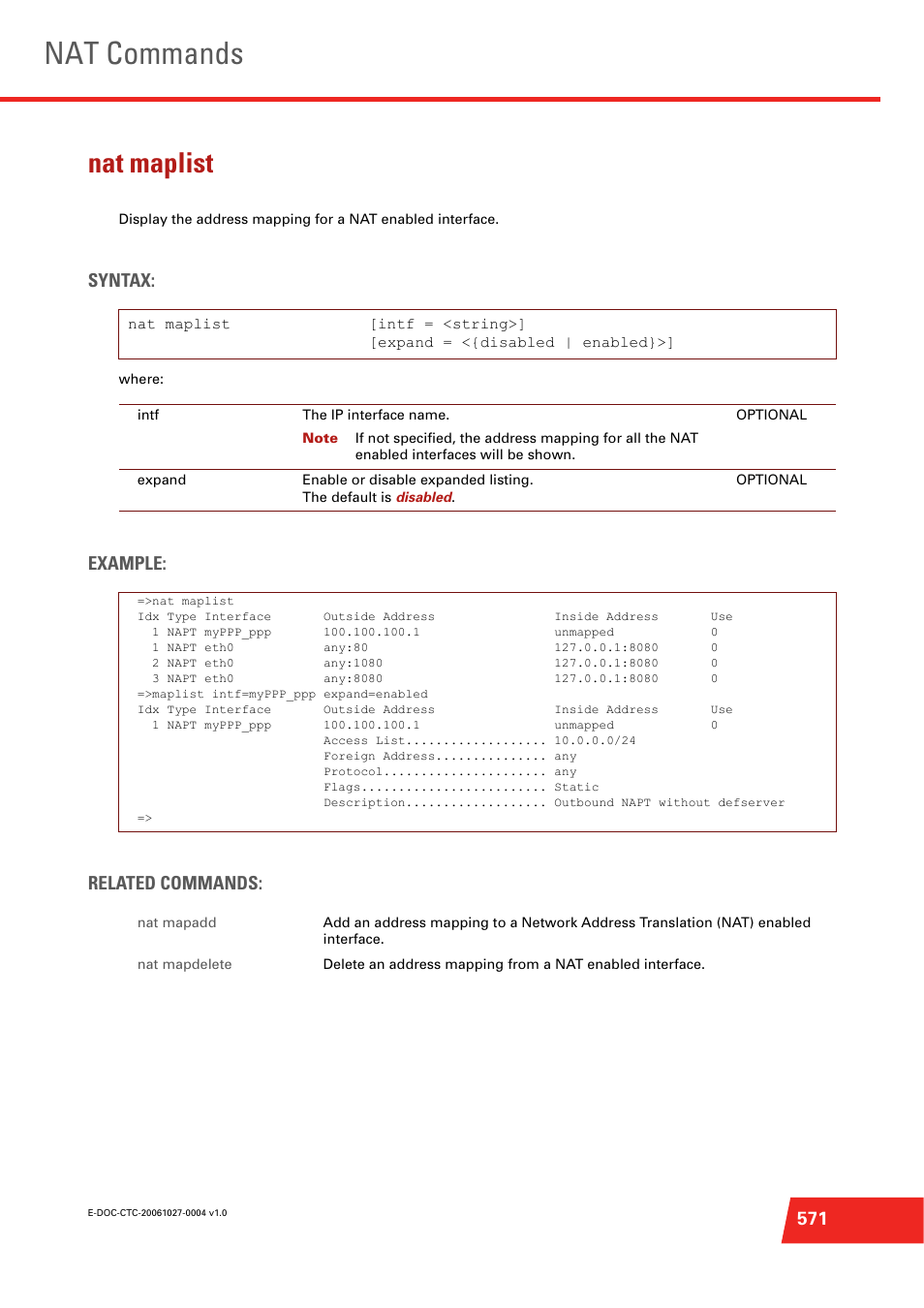 Nat maplist, Nat commands, Syntax | Example: related commands | Technicolor - Thomson ST585 V6 User Manual | Page 595 / 834