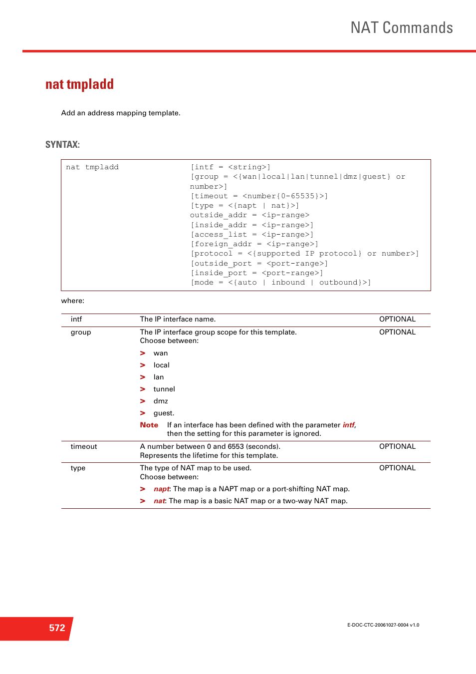 Nat tmpladd, Add an address mapping template, Nat commands | Technicolor - Thomson ST585 V6 User Manual | Page 596 / 834