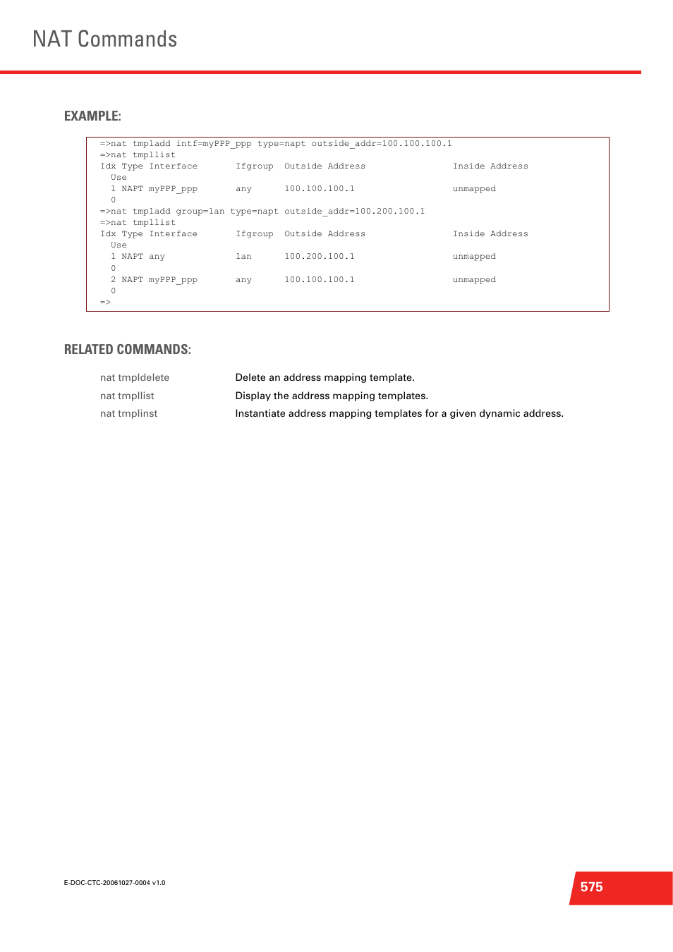 Nat commands, 575 example: related commands | Technicolor - Thomson ST585 V6 User Manual | Page 599 / 834