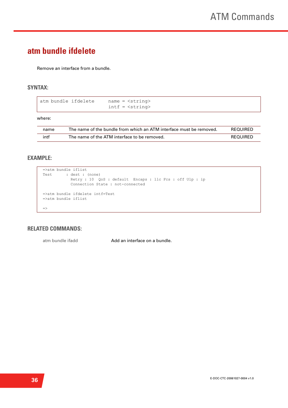 Atm bundle ifdelete, Remove an interface from a bundle, Atm commands | Syntax, Example: related commands | Technicolor - Thomson ST585 V6 User Manual | Page 60 / 834