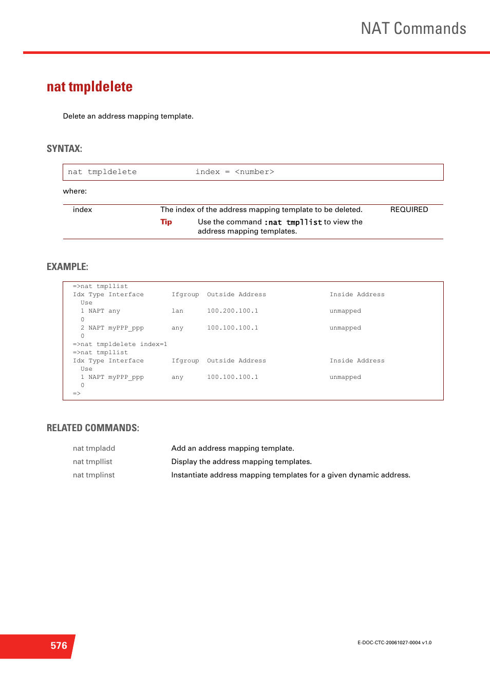 Nat tmpldelete, Delete an address mapping template, Nat commands | Syntax, Example: related commands | Technicolor - Thomson ST585 V6 User Manual | Page 600 / 834