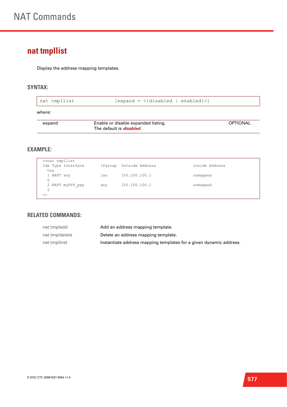 Nat tmpllist, Display the address mapping templates, Nat commands | Syntax, Example: related commands | Technicolor - Thomson ST585 V6 User Manual | Page 601 / 834