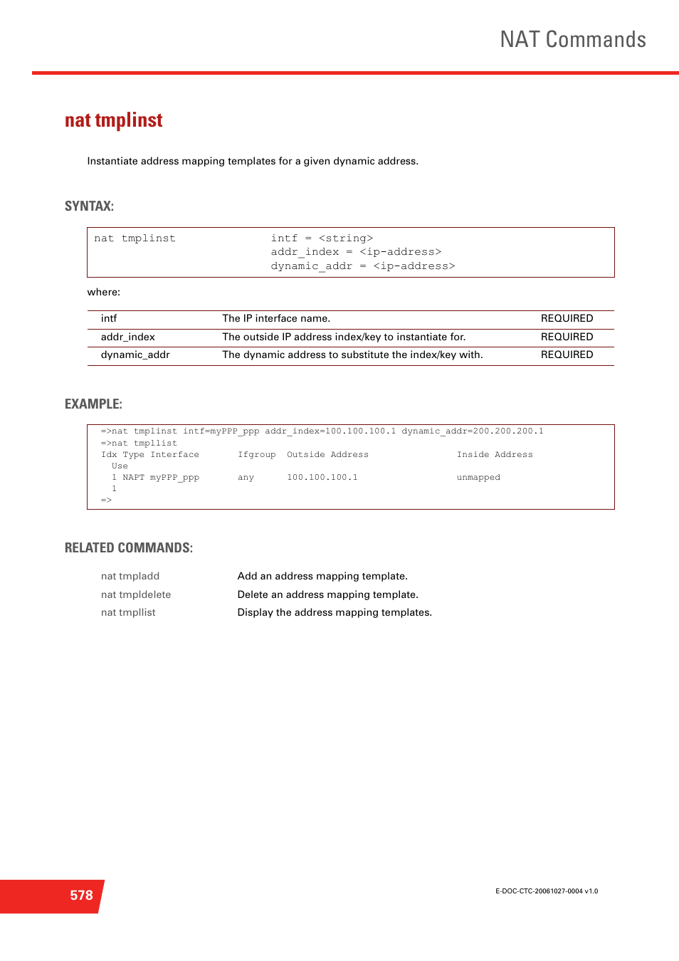 Nat tmplinst, Nat commands, Syntax | Example: related commands | Technicolor - Thomson ST585 V6 User Manual | Page 602 / 834