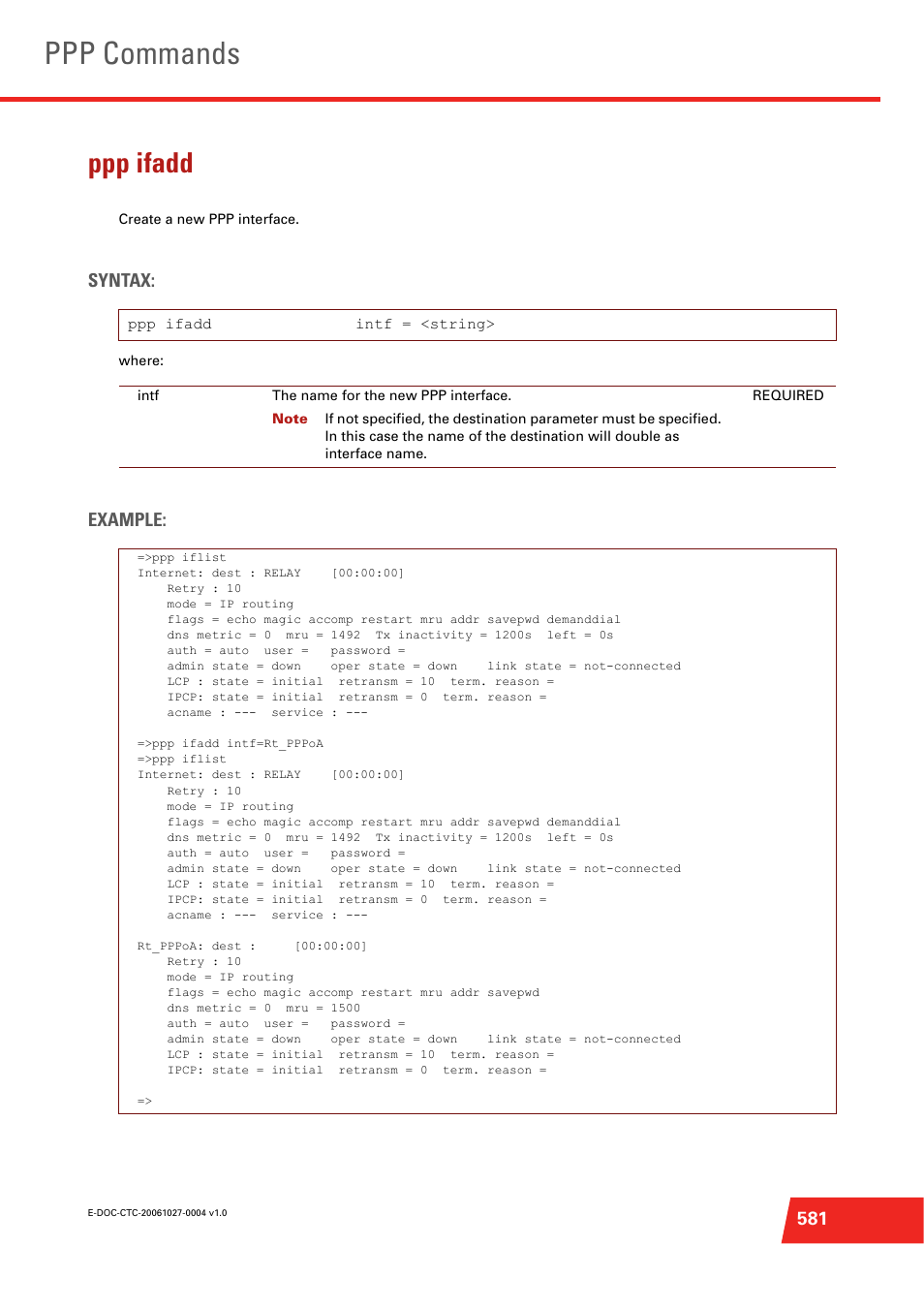 Ppp ifadd, Create a new ppp interface, Ppp commands | Syntax, Example | Technicolor - Thomson ST585 V6 User Manual | Page 605 / 834