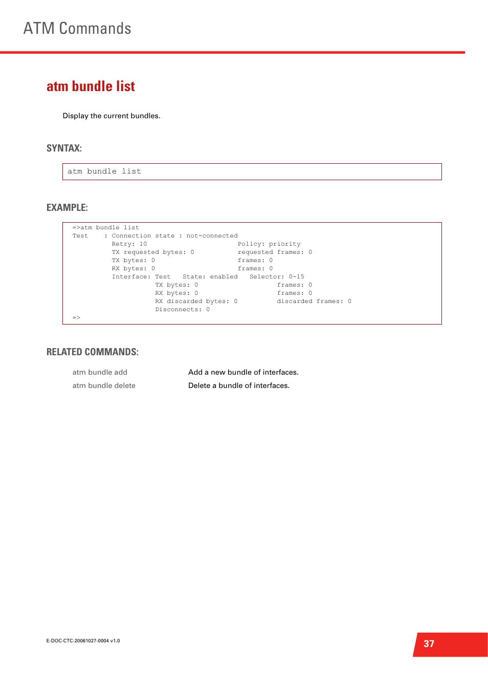 Atm bundle list, Display the current bundles, Atm commands | Syntax: example: related commands | Technicolor - Thomson ST585 V6 User Manual | Page 61 / 834