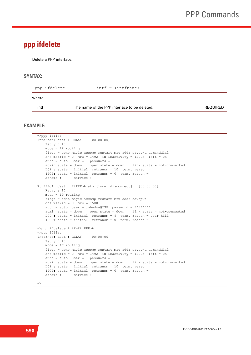 Ppp ifdelete, Delete a ppp interface, Ppp commands | Syntax, Example | Technicolor - Thomson ST585 V6 User Manual | Page 614 / 834