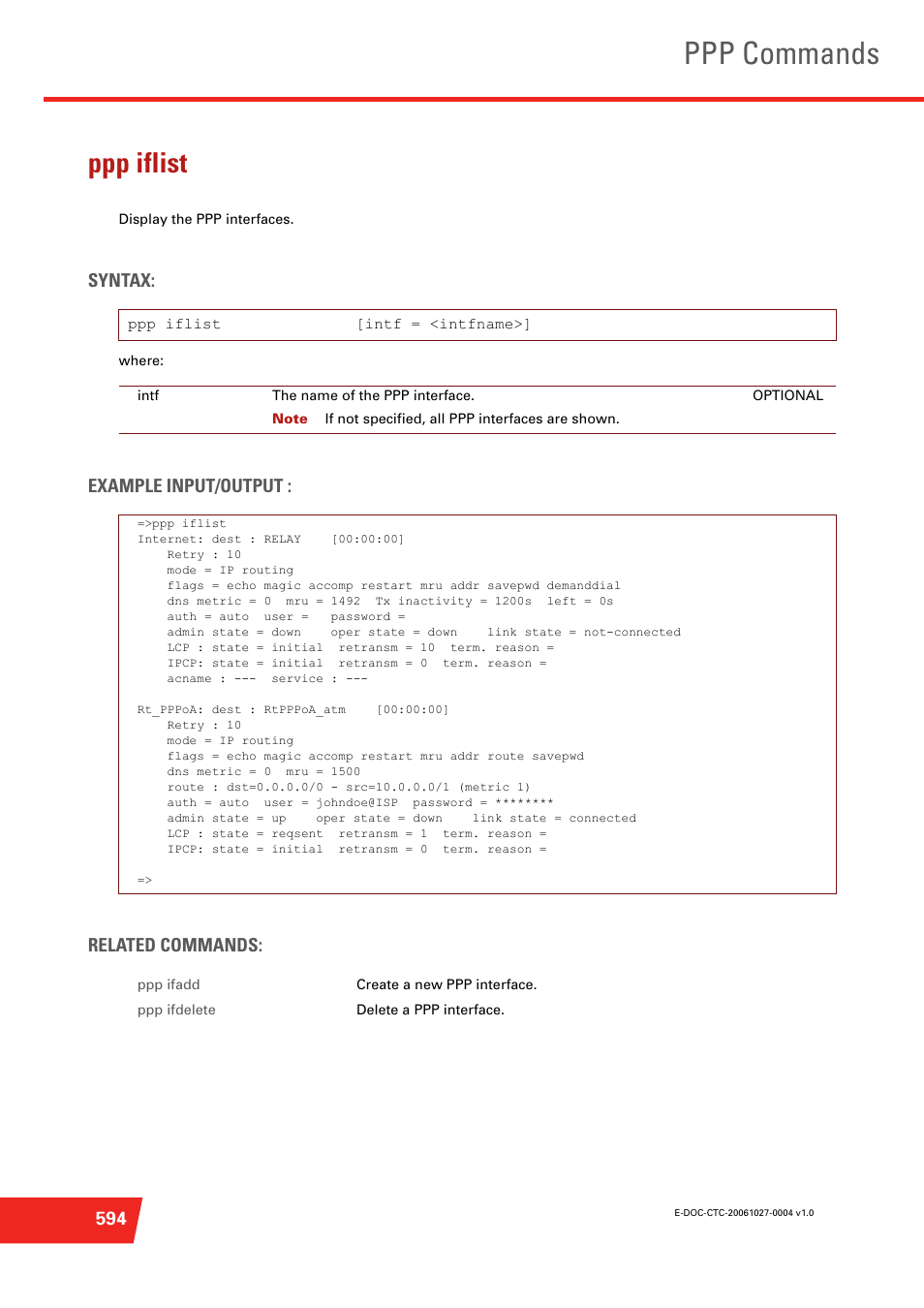 Ppp iflist, Display the ppp interfaces, Ppp commands | Syntax, Example input/output : related commands | Technicolor - Thomson ST585 V6 User Manual | Page 618 / 834