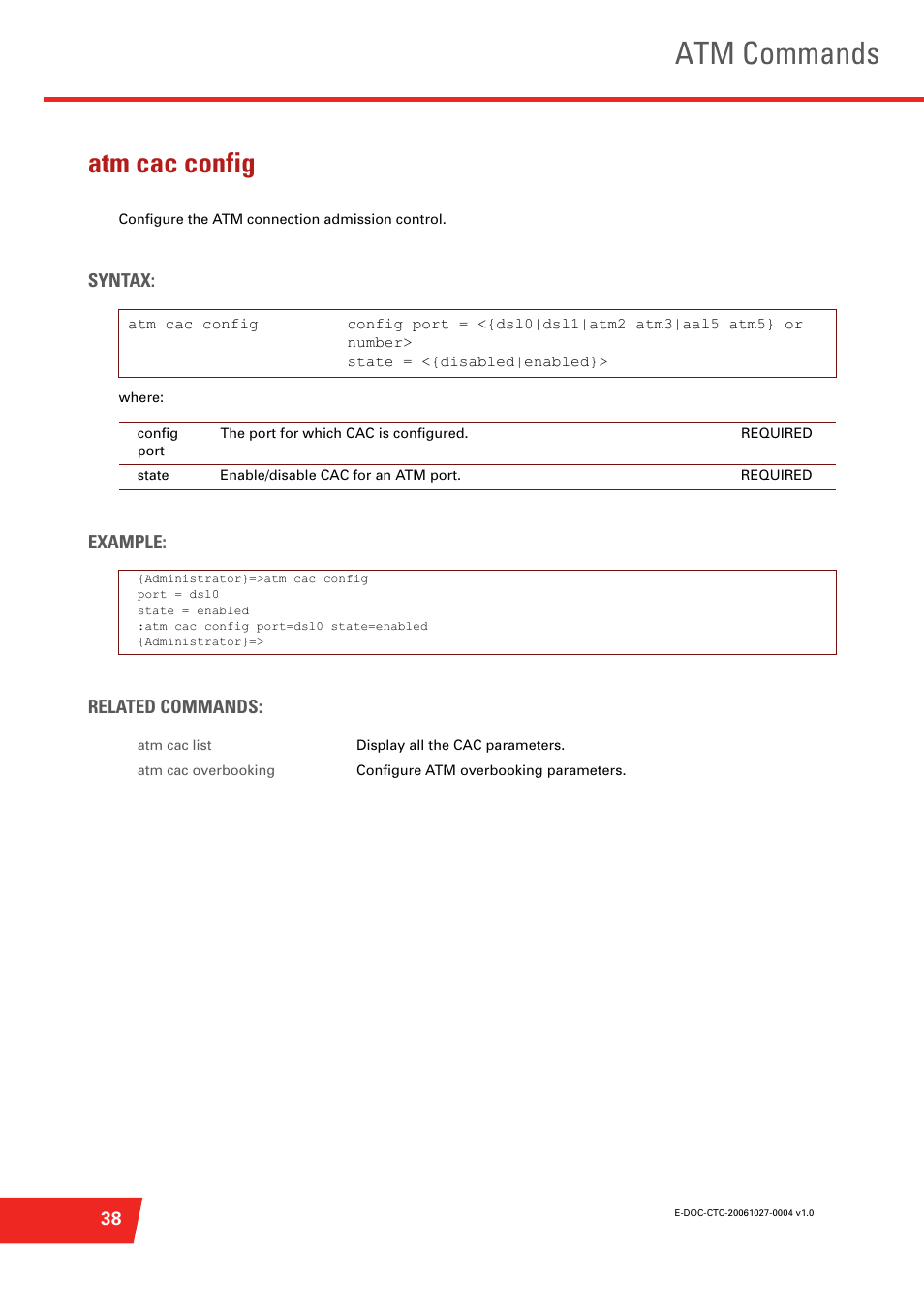 Atm cac config, Configure the atm connection admission control, Atm commands | Technicolor - Thomson ST585 V6 User Manual | Page 62 / 834