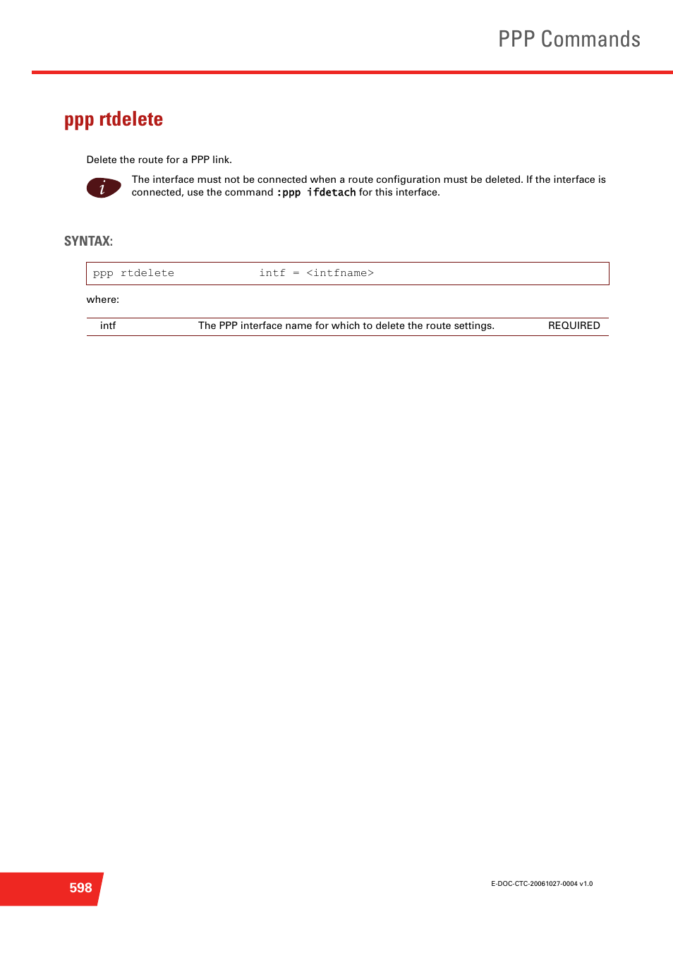 Ppp rtdelete, Delete the route for a ppp link, Ppp commands | Technicolor - Thomson ST585 V6 User Manual | Page 622 / 834