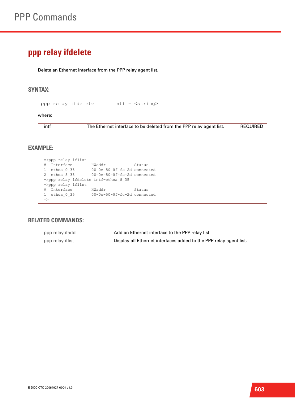 Ppp relay ifdelete, Ppp commands, Syntax | Example: related commands | Technicolor - Thomson ST585 V6 User Manual | Page 627 / 834