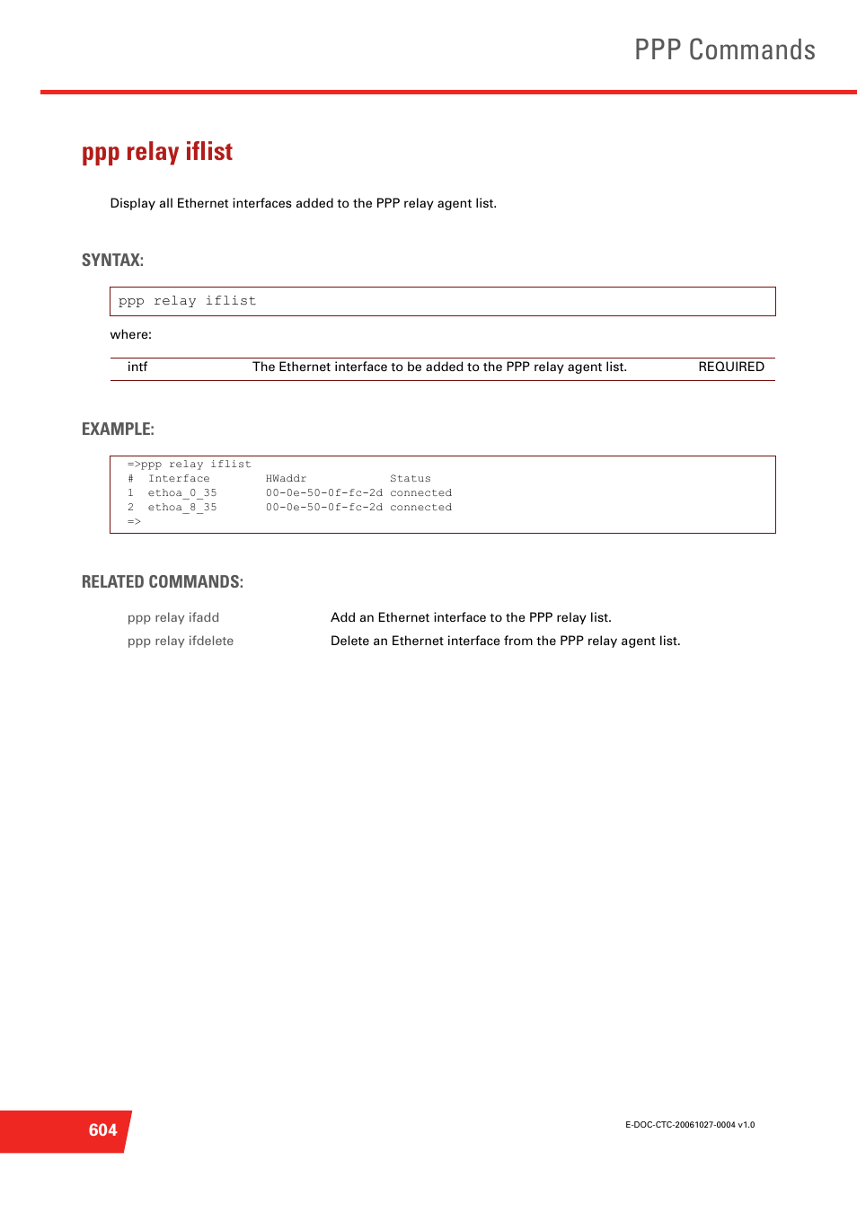 Ppp relay iflist, Ppp commands, Syntax | Example: related commands | Technicolor - Thomson ST585 V6 User Manual | Page 628 / 834