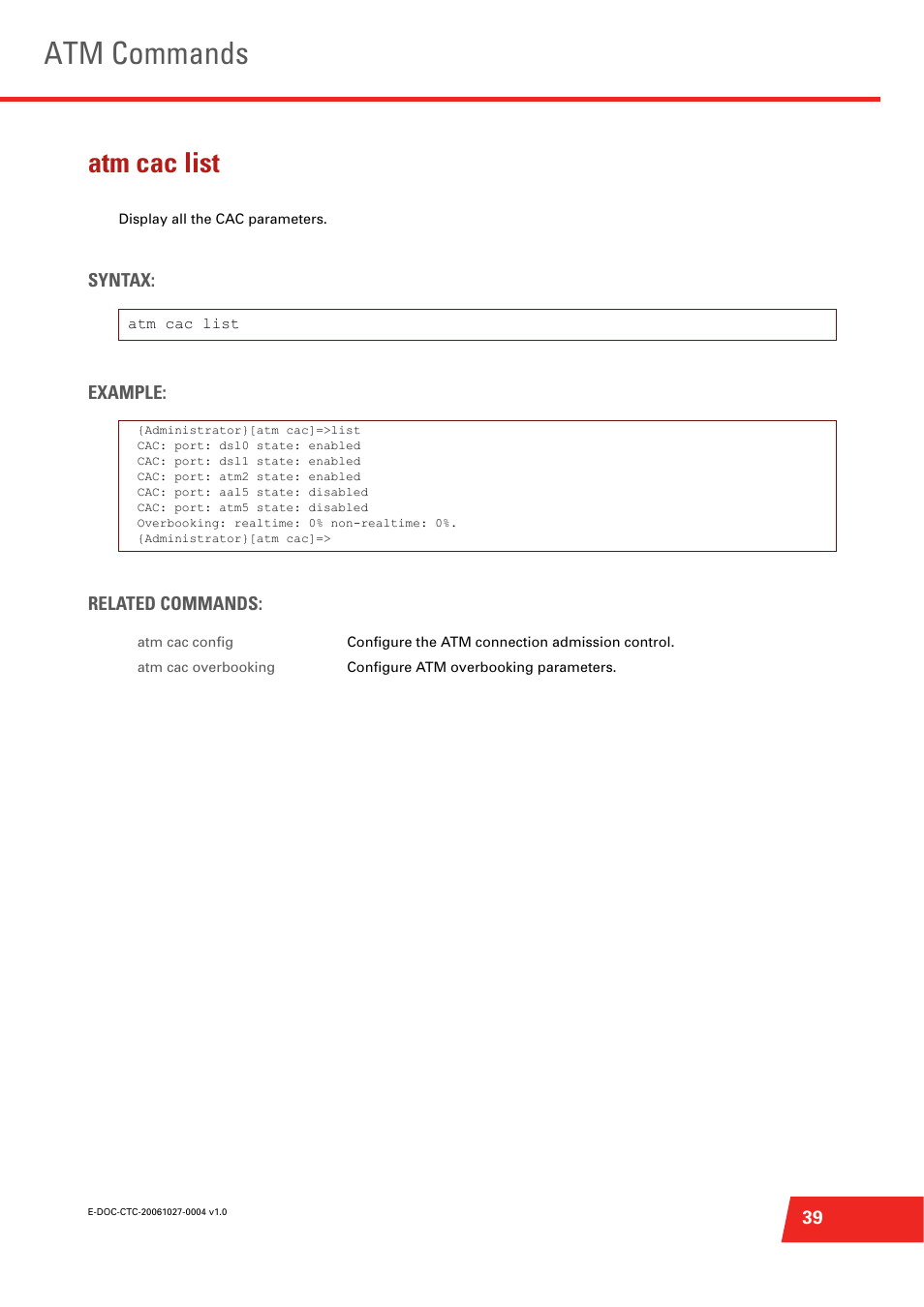 Atm cac list, Display all the cac parameters, Atm commands | Technicolor - Thomson ST585 V6 User Manual | Page 63 / 834