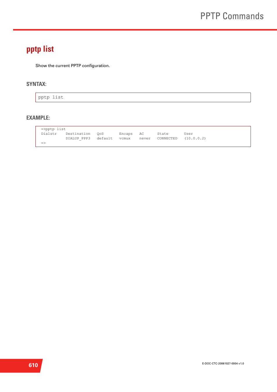 Pptp list, Show the current pptp configuration, Pptp commands | Syntax: example | Technicolor - Thomson ST585 V6 User Manual | Page 634 / 834