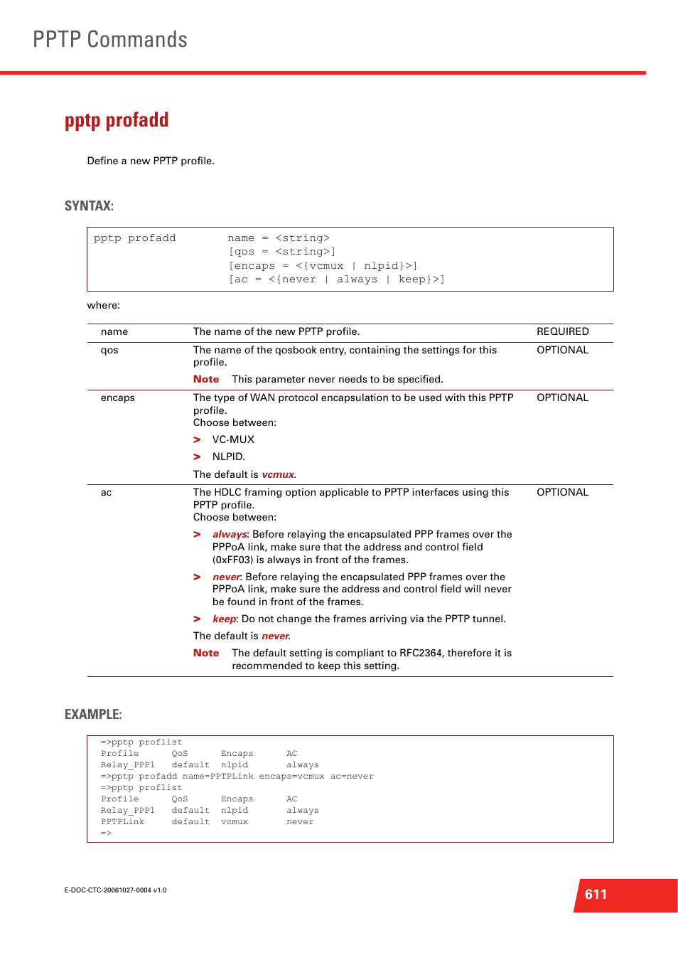 Pptp profadd, Define a new pptp profile, Pptp commands | Syntax, Example | Technicolor - Thomson ST585 V6 User Manual | Page 635 / 834