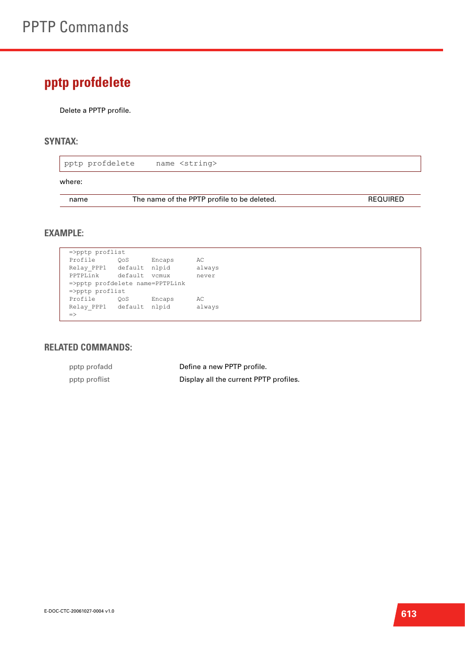 Pptp profdelete, Delete a pptp profile, Pptp commands | Syntax, Example: related commands | Technicolor - Thomson ST585 V6 User Manual | Page 637 / 834