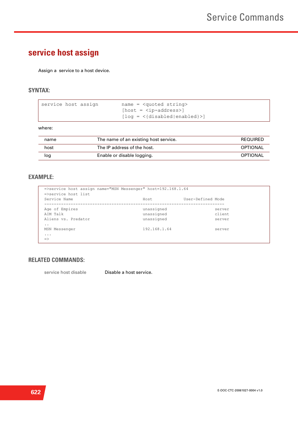 Service host assign, Assign a service to a host device, Service commands | Syntax, Example: related commands | Technicolor - Thomson ST585 V6 User Manual | Page 646 / 834